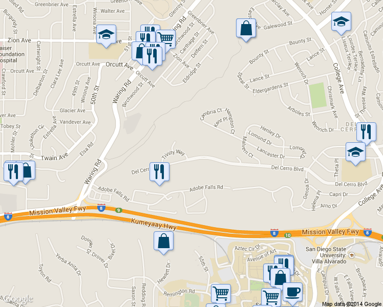 map of restaurants, bars, coffee shops, grocery stores, and more near 5614 Del Cerro Boulevard in San Diego