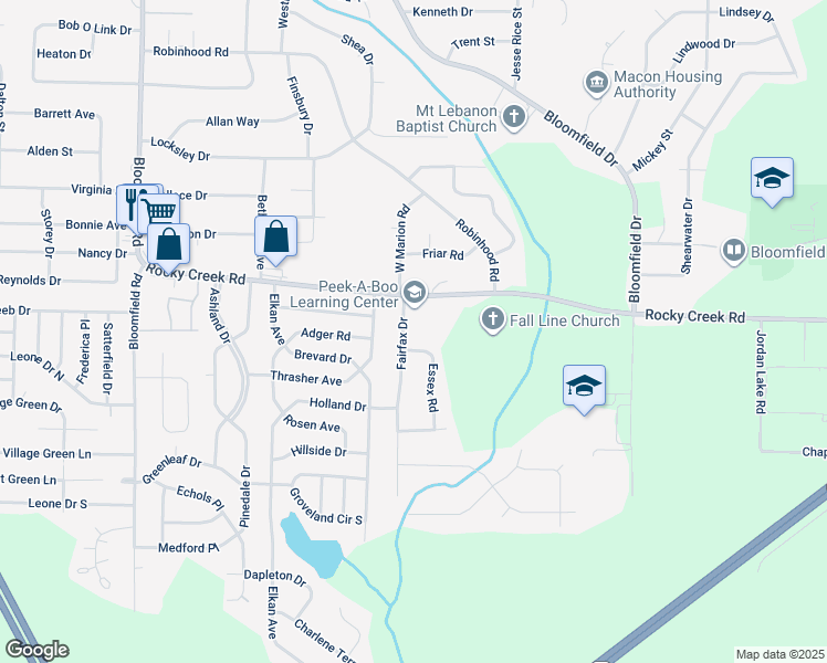map of restaurants, bars, coffee shops, grocery stores, and more near 4232 Fairfax Drive in Macon