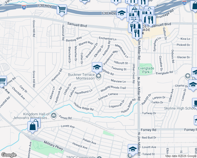 map of restaurants, bars, coffee shops, grocery stores, and more near 4918 Hovenkamp Drive in Dallas