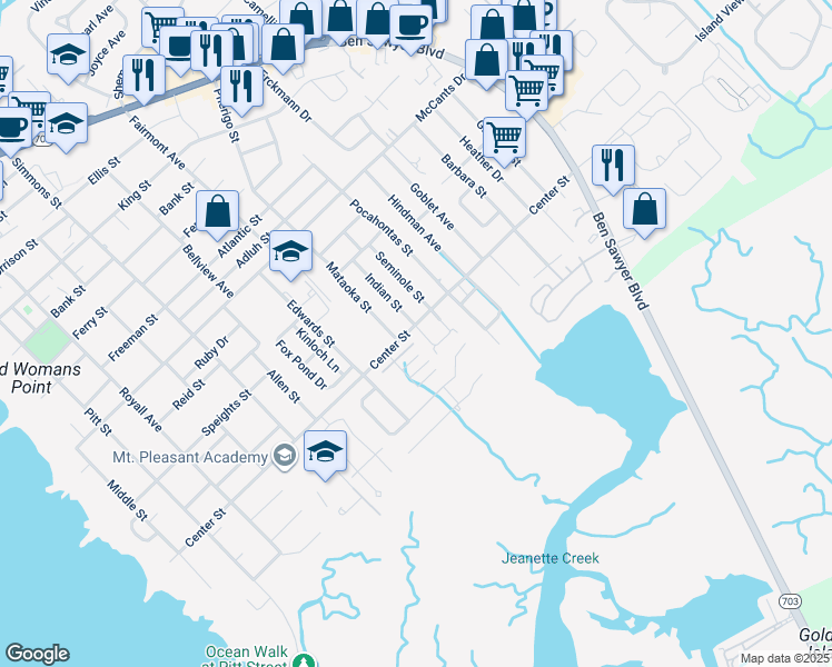 map of restaurants, bars, coffee shops, grocery stores, and more near 752 Center Street in Mount Pleasant