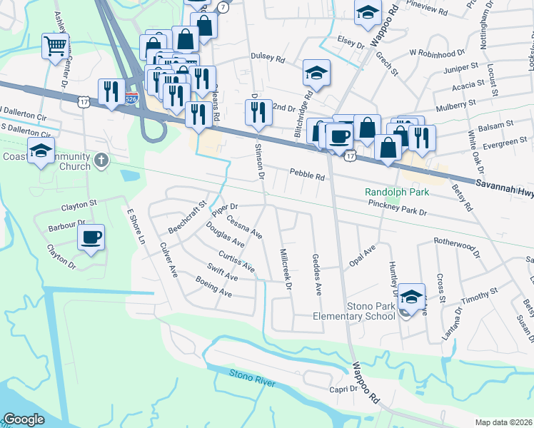 map of restaurants, bars, coffee shops, grocery stores, and more near 1908 Piper Drive in Charleston