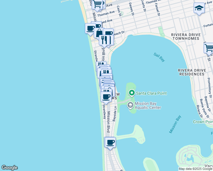map of restaurants, bars, coffee shops, grocery stores, and more near 3807 Mission Boulevard in San Diego