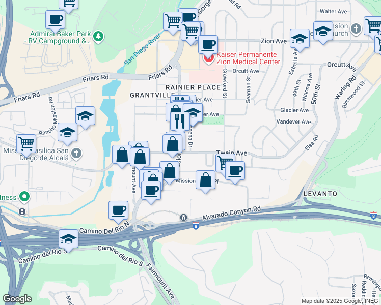 map of restaurants, bars, coffee shops, grocery stores, and more near Twain Avenue & Decena Drive in San Diego