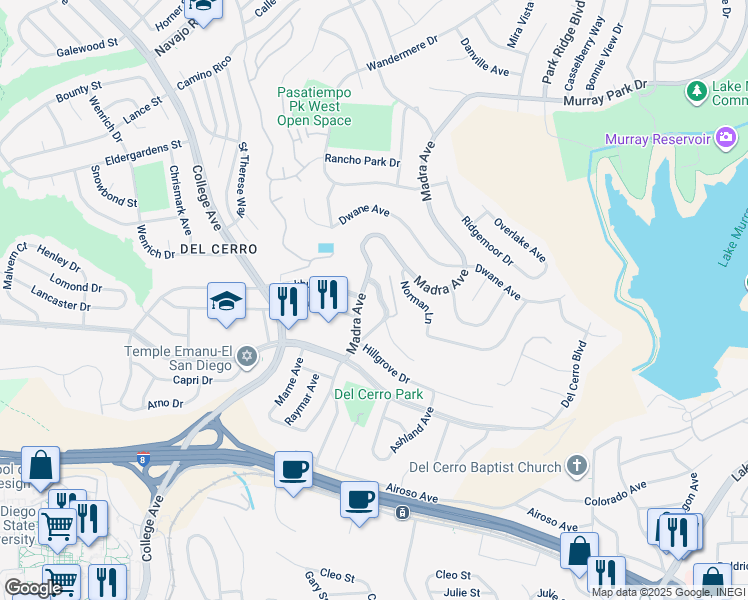 map of restaurants, bars, coffee shops, grocery stores, and more near 6347 Elmhurst Drive in San Diego