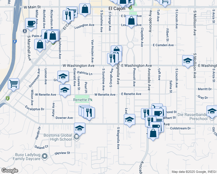 map of restaurants, bars, coffee shops, grocery stores, and more near 822 South Orange Avenue in El Cajon