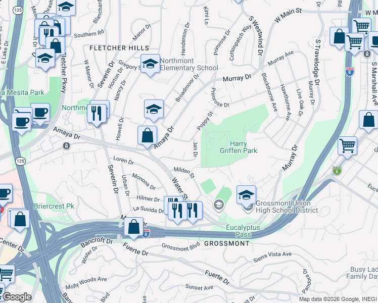 map of restaurants, bars, coffee shops, grocery stores, and more near 5880 Jan Drive in La Mesa