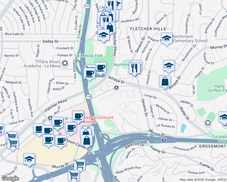 map of restaurants, bars, coffee shops, grocery stores, and more near 5625 Amaya Drive in La Mesa