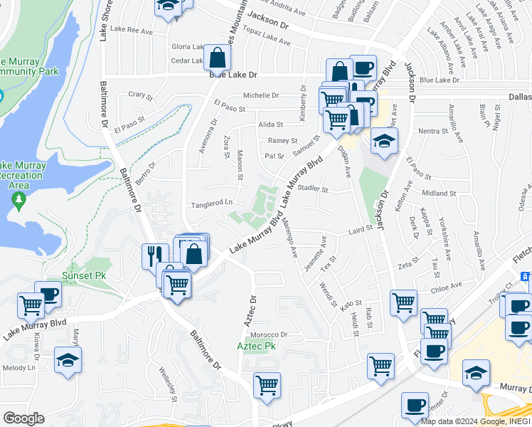 map of restaurants, bars, coffee shops, grocery stores, and more near 7885 Tanglerod Lane in La Mesa