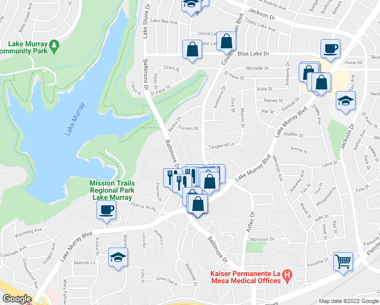 map of restaurants, bars, coffee shops, grocery stores, and more near 5715 Baltimore Drive in La Mesa