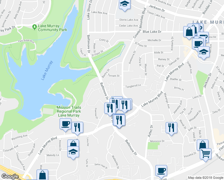 map of restaurants, bars, coffee shops, grocery stores, and more near 5715 Baltimore Drive in La Mesa