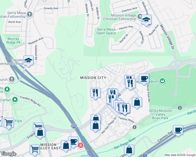 map of restaurants, bars, coffee shops, grocery stores, and more near 2799 Fenton Parkway in San Diego