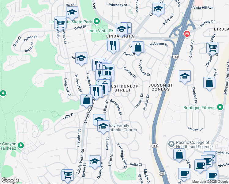 map of restaurants, bars, coffee shops, grocery stores, and more near 2282 West Dunlop Street in San Diego