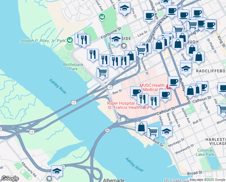 map of restaurants, bars, coffee shops, grocery stores, and more near 144 Bee Street in Charleston