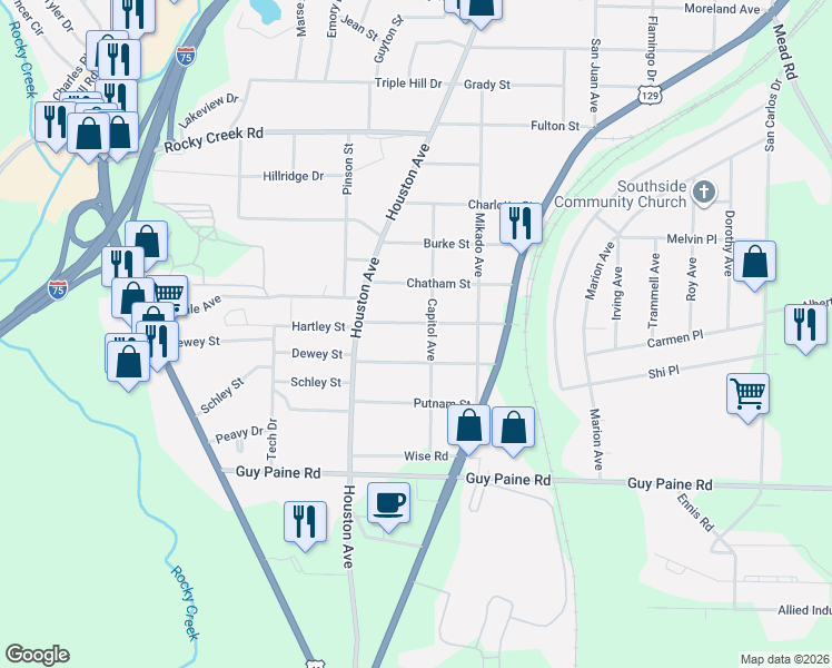 map of restaurants, bars, coffee shops, grocery stores, and more near 1019 Toombs Street in Macon