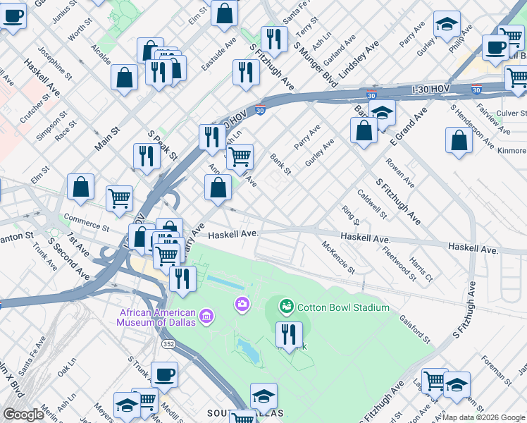 map of restaurants, bars, coffee shops, grocery stores, and more near 1015 South Carroll Avenue in Dallas
