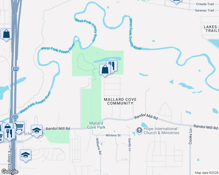 map of restaurants, bars, coffee shops, grocery stores, and more near 7241 Decoy Lane in Fort Worth