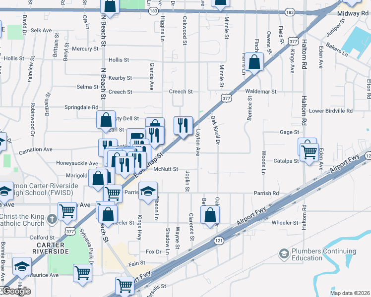 map of restaurants, bars, coffee shops, grocery stores, and more near 4222 East Belknap Street in Haltom City