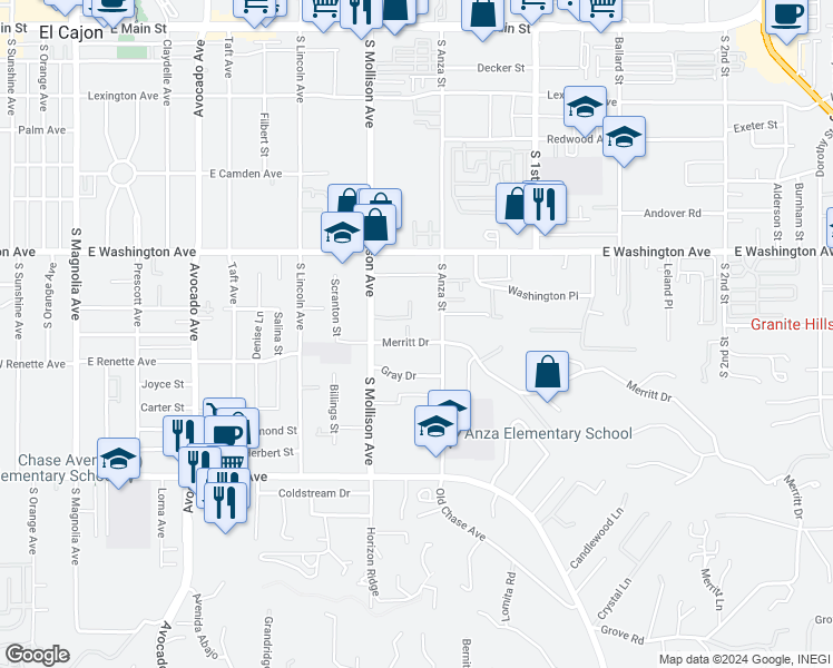 map of restaurants, bars, coffee shops, grocery stores, and more near 964 Merritt Drive in El Cajon