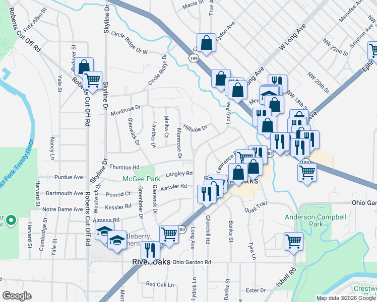 map of restaurants, bars, coffee shops, grocery stores, and more near 1624 Montrose Drive in River Oaks