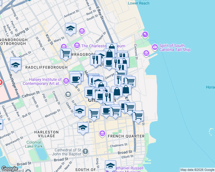 map of restaurants, bars, coffee shops, grocery stores, and more near 55 Laurens Street in Charleston