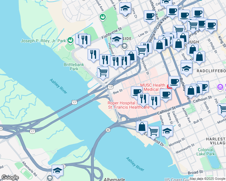 map of restaurants, bars, coffee shops, grocery stores, and more near 150 Bee Street in Charleston