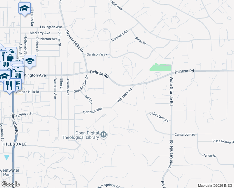 map of restaurants, bars, coffee shops, grocery stores, and more near 1863 Dehesa Road in El Cajon