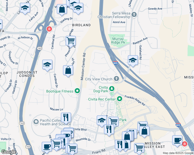 map of restaurants, bars, coffee shops, grocery stores, and more near 8362 Abbots Hill Road in San Diego
