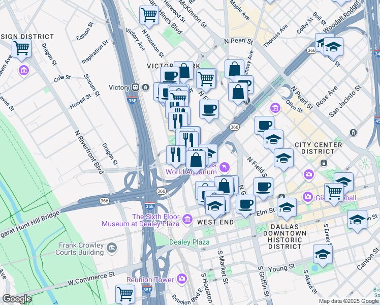 map of restaurants, bars, coffee shops, grocery stores, and more near 2200 North Lamar Street in Dallas