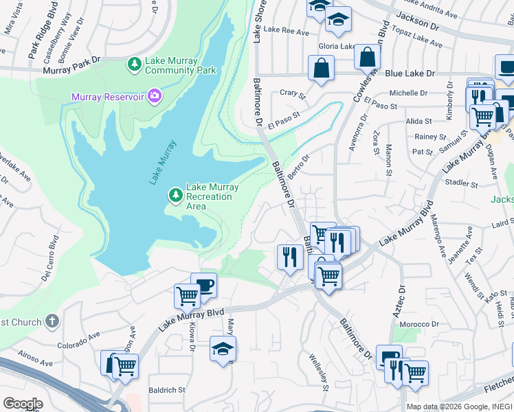 map of restaurants, bars, coffee shops, grocery stores, and more near 5708 Baltimore Drive in La Mesa