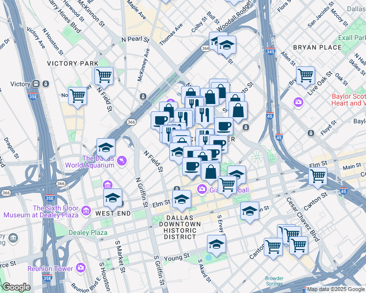 map of restaurants, bars, coffee shops, grocery stores, and more near 1707 San Jacinto Street in Dallas