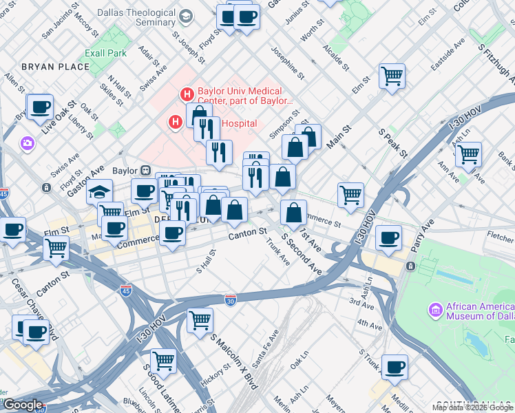 map of restaurants, bars, coffee shops, grocery stores, and more near 3401 Commerce Street in Dallas