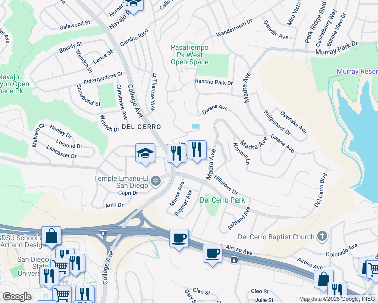 map of restaurants, bars, coffee shops, grocery stores, and more near 6342 Lambda Drive in San Diego