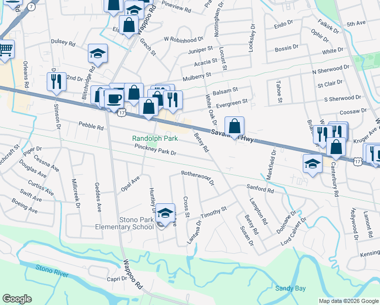 map of restaurants, bars, coffee shops, grocery stores, and more near 1635 Pearlott Street in Charleston
