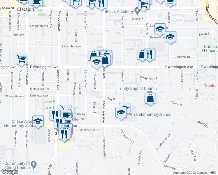 map of restaurants, bars, coffee shops, grocery stores, and more near 851 South Mollison Avenue in El Cajon