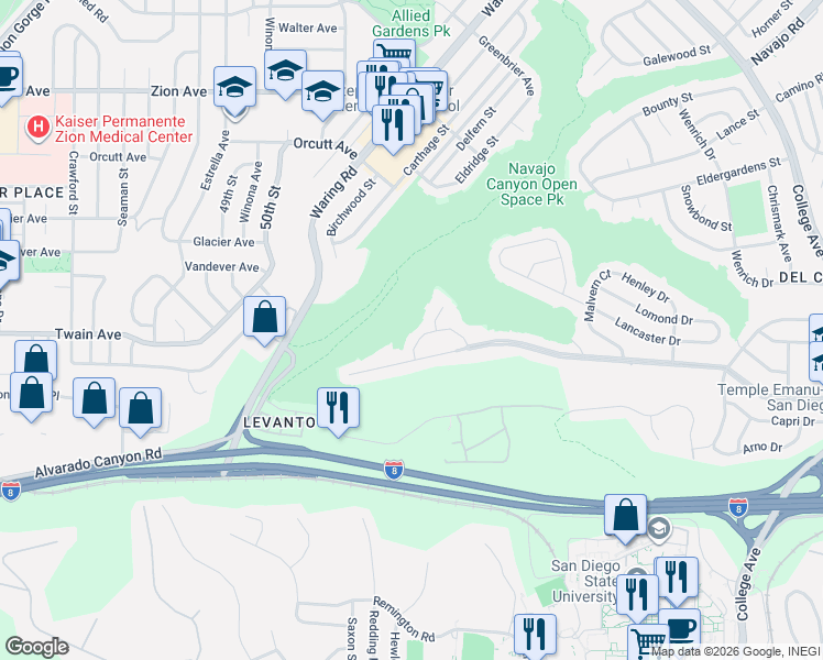 map of restaurants, bars, coffee shops, grocery stores, and more near 5534 Trinity Way in San Diego