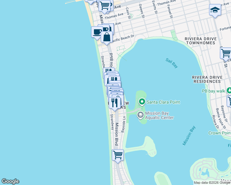 map of restaurants, bars, coffee shops, grocery stores, and more near 3826 Bayside Walk in San Diego