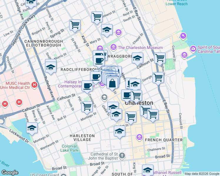 map of restaurants, bars, coffee shops, grocery stores, and more near 145B Calhoun Street in Charleston