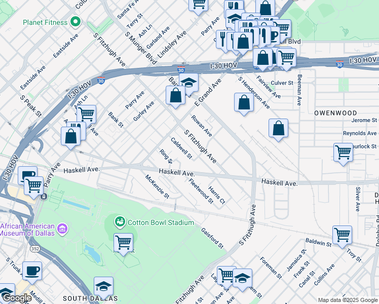 map of restaurants, bars, coffee shops, grocery stores, and more near 1331 South Fitzhugh Avenue in Dallas