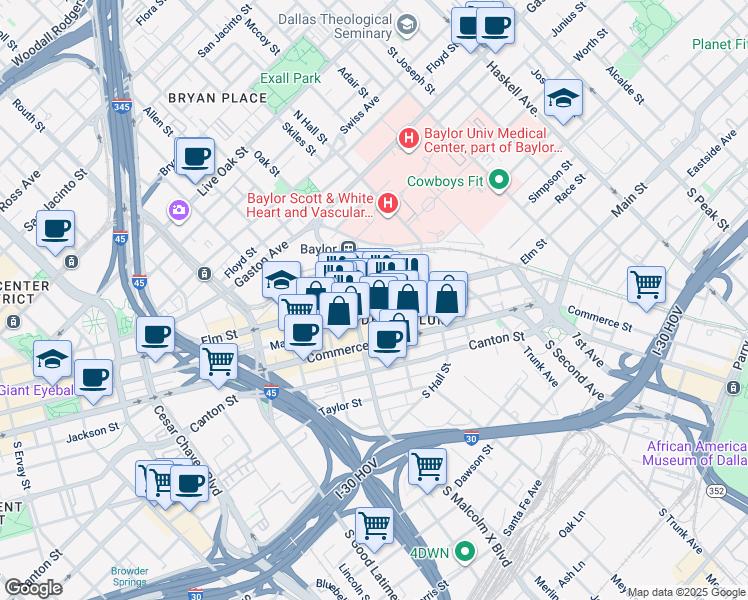 map of restaurants, bars, coffee shops, grocery stores, and more near 300 North Walton Street in Dallas