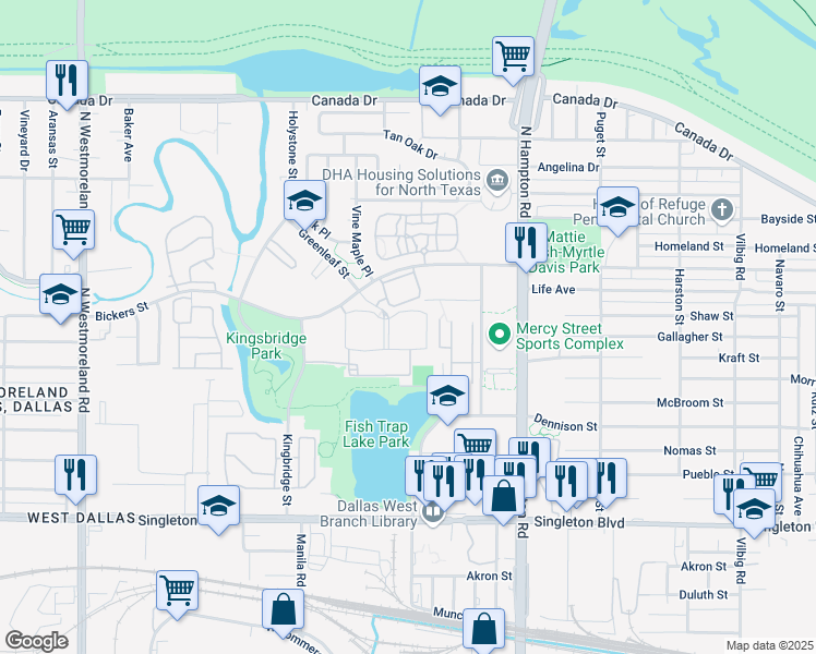 map of restaurants, bars, coffee shops, grocery stores, and more near 2696 Bickers Street in Dallas
