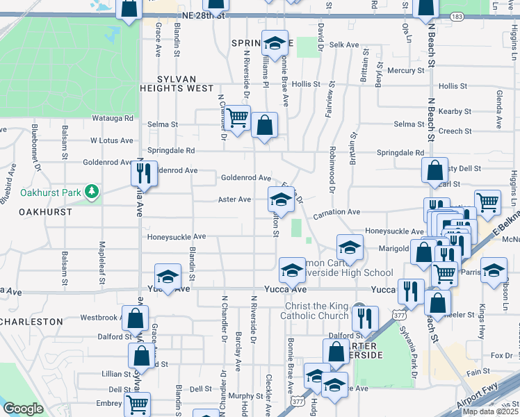 map of restaurants, bars, coffee shops, grocery stores, and more near 3114 Aster Avenue in Fort Worth
