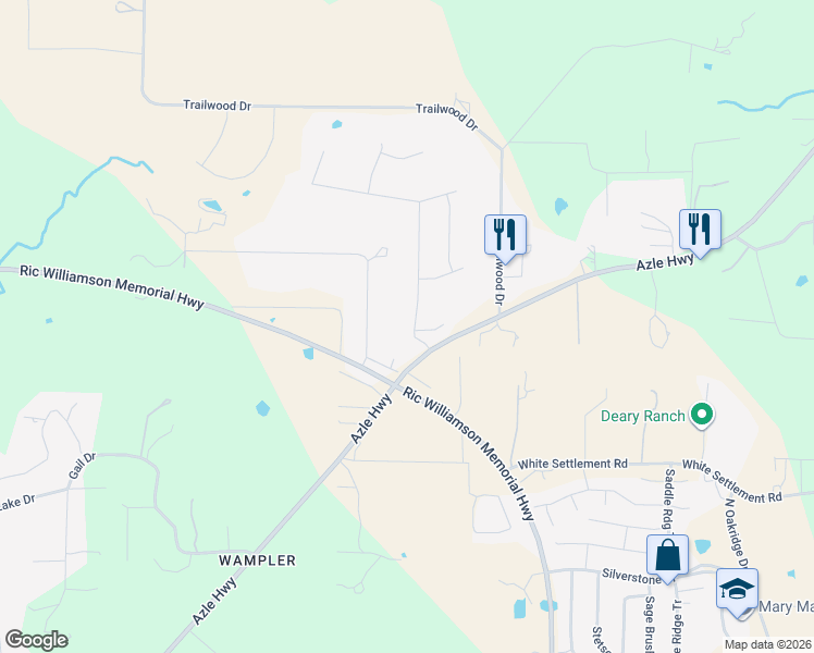 map of restaurants, bars, coffee shops, grocery stores, and more near 107 Sandstone Lane in Weatherford