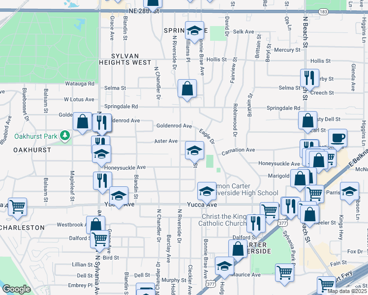 map of restaurants, bars, coffee shops, grocery stores, and more near 3114 Aster Avenue in Fort Worth