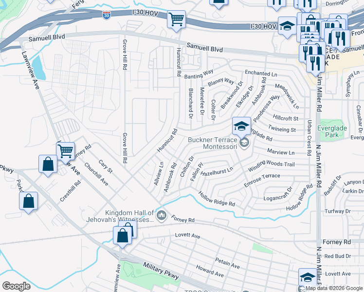 map of restaurants, bars, coffee shops, grocery stores, and more near 7140 Hunnicut Circle in Dallas