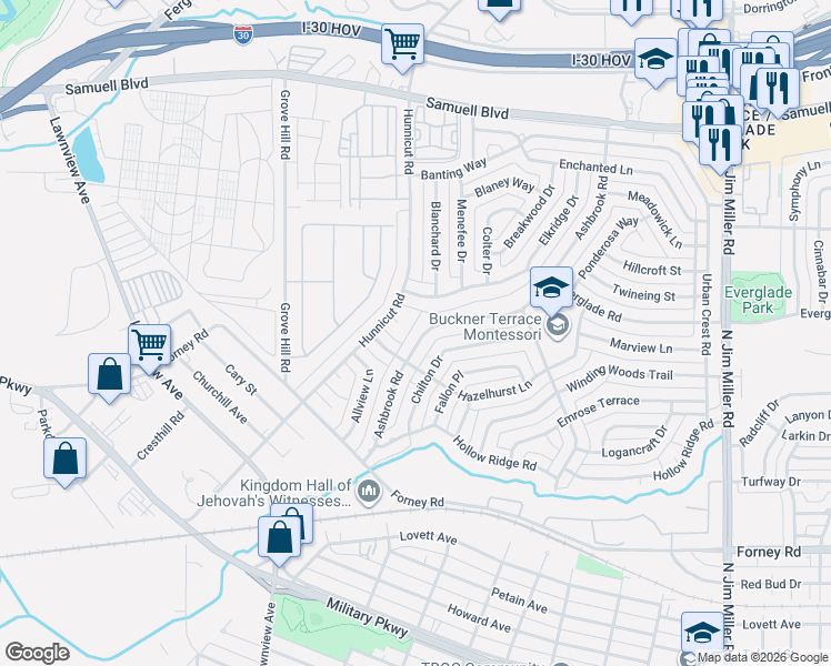 map of restaurants, bars, coffee shops, grocery stores, and more near 4821 Ashbrook Road in Dallas