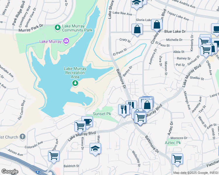 map of restaurants, bars, coffee shops, grocery stores, and more near 5708 Baltimore Drive in La Mesa
