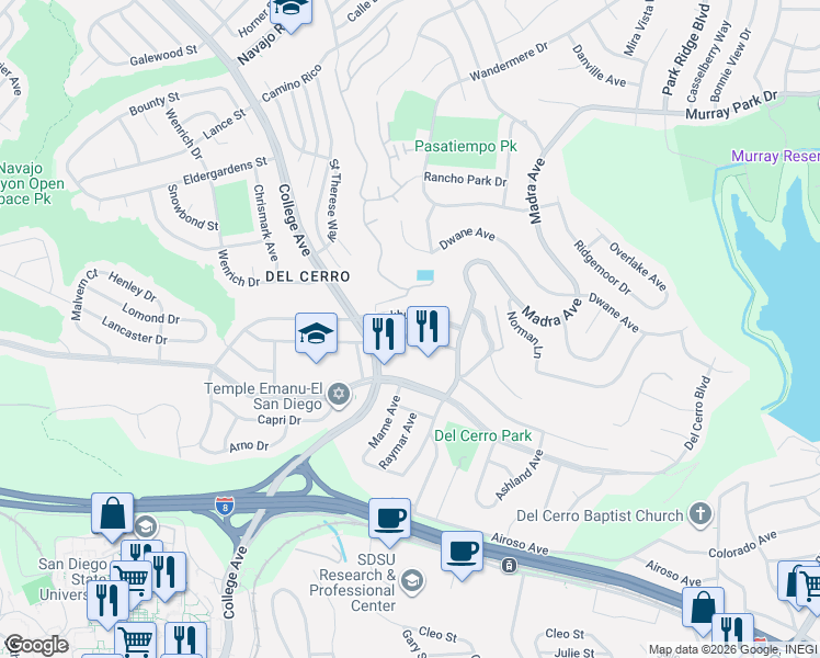 map of restaurants, bars, coffee shops, grocery stores, and more near 6342 Lambda Drive in San Diego