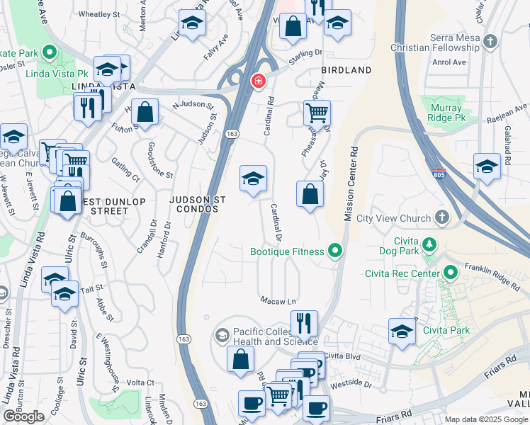 map of restaurants, bars, coffee shops, grocery stores, and more near 2263 Finch Lane in San Diego