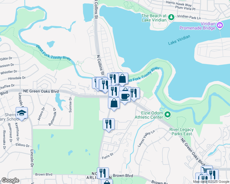 map of restaurants, bars, coffee shops, grocery stores, and more near 900 NE Green Oaks Blvd in Arlington