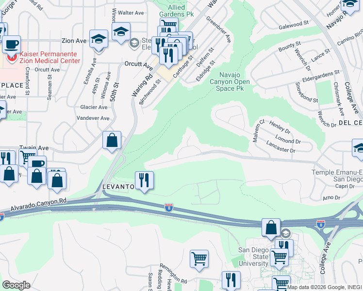 map of restaurants, bars, coffee shops, grocery stores, and more near 5534 Trinity Way in San Diego